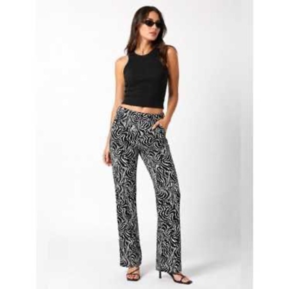Zara Black White Psychedelic Swirl Jacquard Straight Leg Pants Size Large